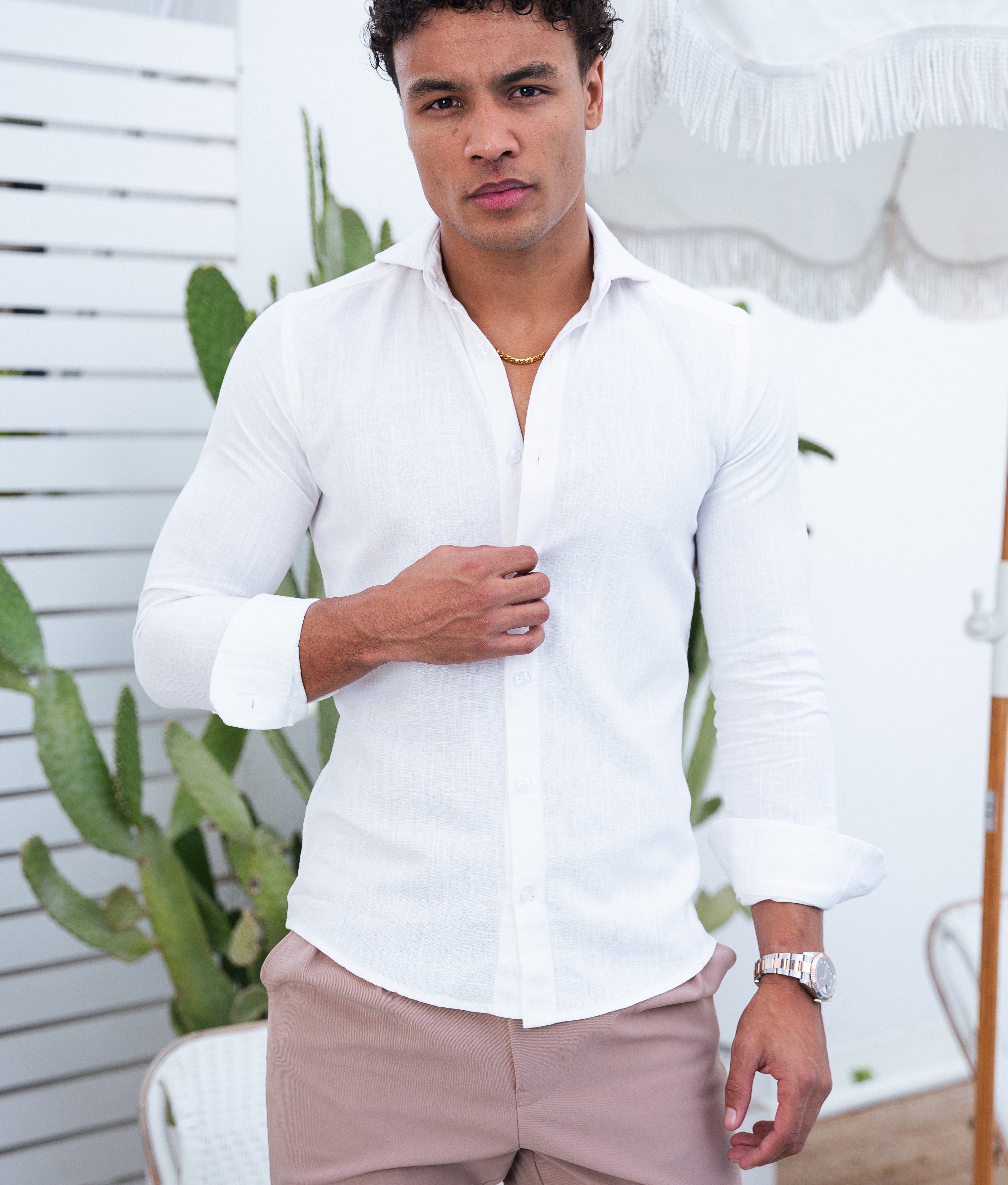 Luxury White Linen Button Shirt. Luxury Linen Ivory Shirt Dubai. Evening Wear