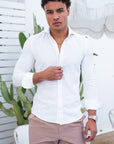 Luxury White Linen Button Shirt. Luxury Linen Ivory Shirt Dubai. Evening Wear