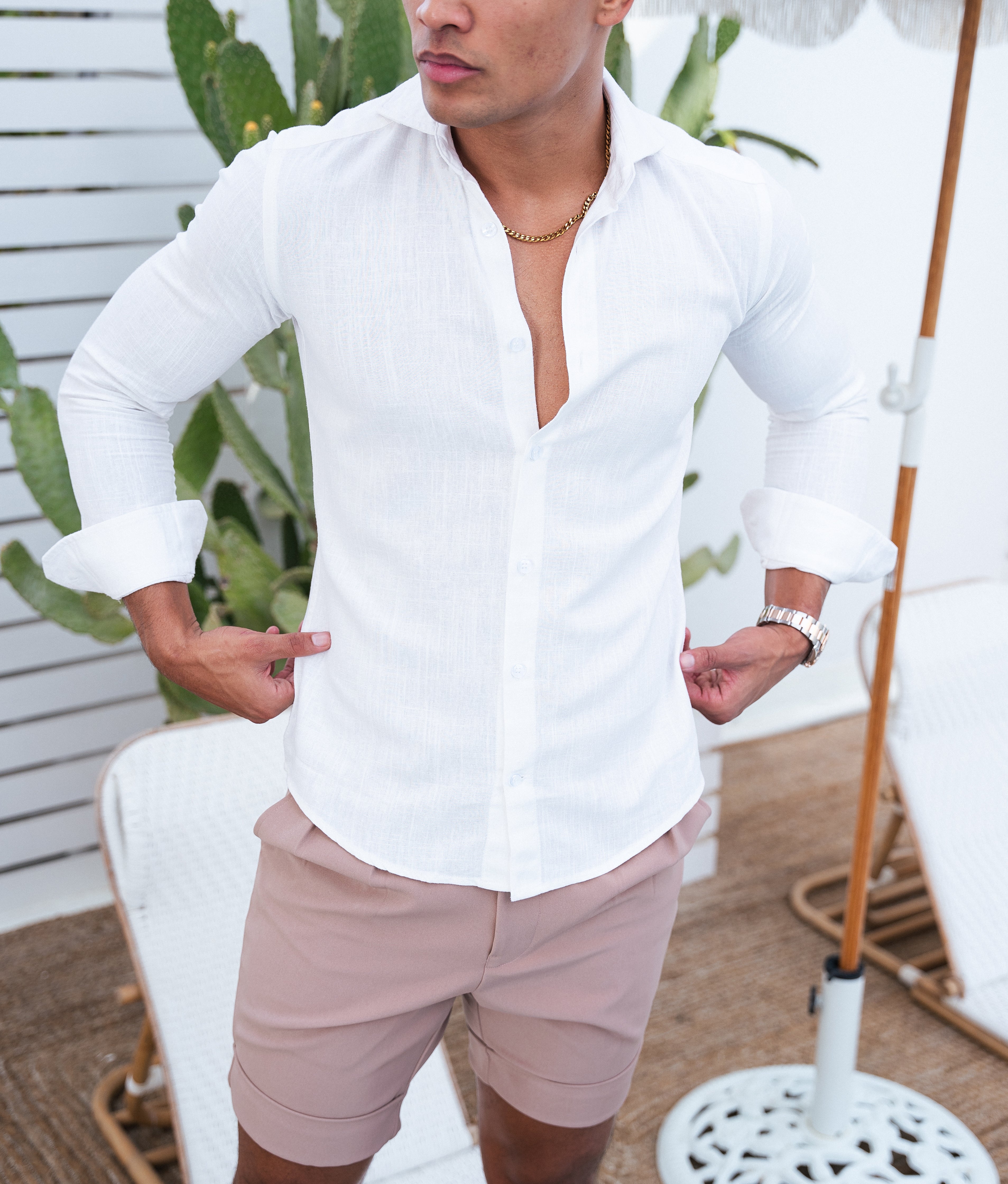 Luxury White Linen Button Shirt. Luxury Linen Ivory Shirt Dubai. Evening Wear