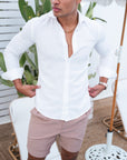 Luxury White Linen Button Shirt. Luxury Linen Ivory Shirt Dubai. Evening Wear