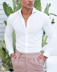 Luxury White Linen Button Shirt. Luxury Linen Ivory Shirt Dubai. Evening Wear