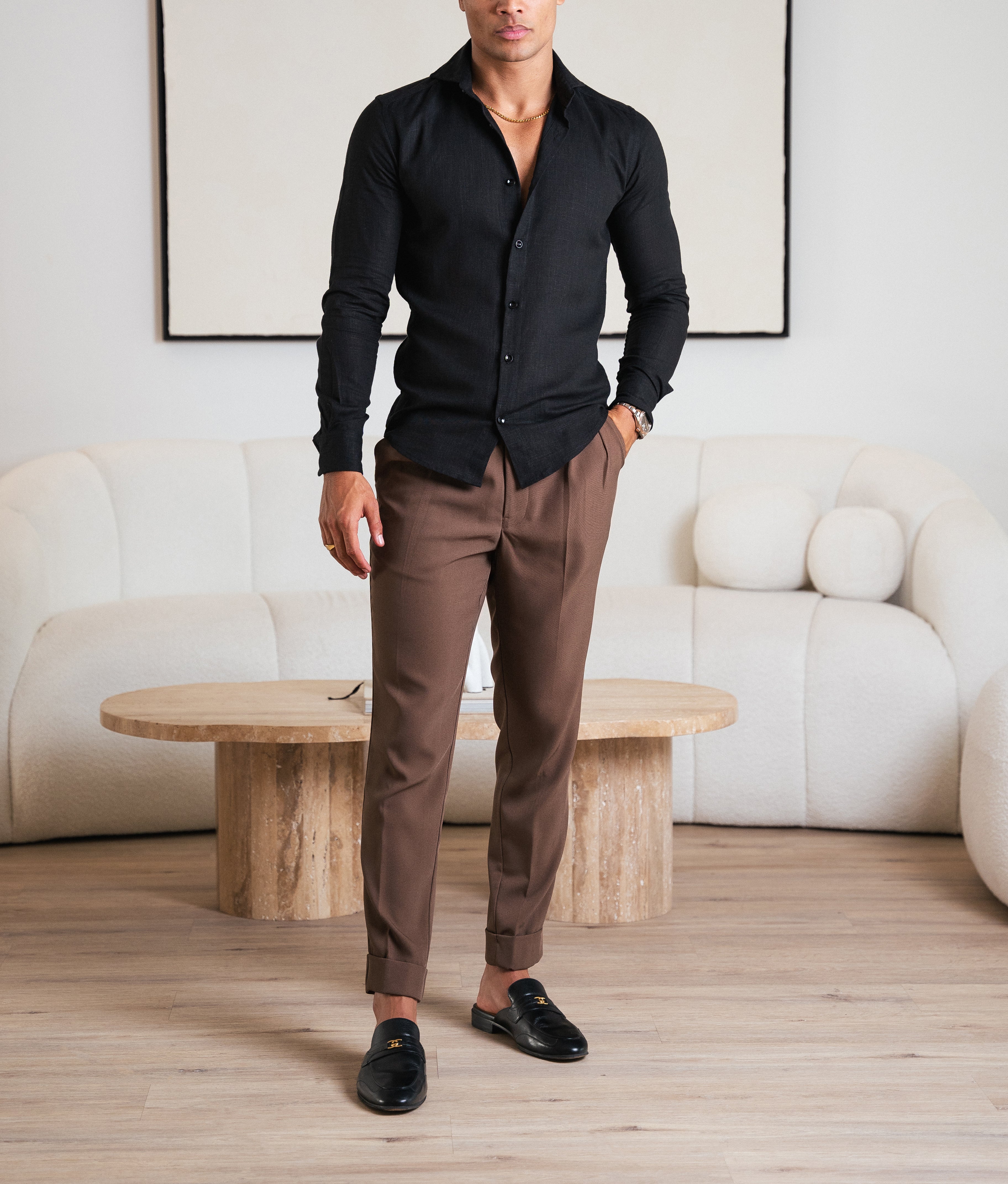 Luxury Black Linen Button Shirt. Luxury Linen Shirt Dubai. Evening Wear